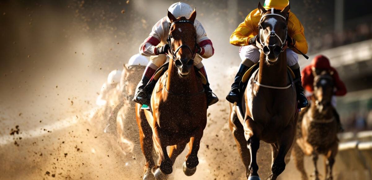 Jinetes en plena carrera de caballos