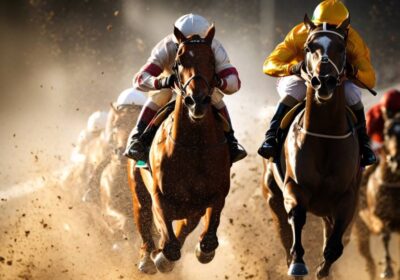 Jinetes en plena carrera de caballos