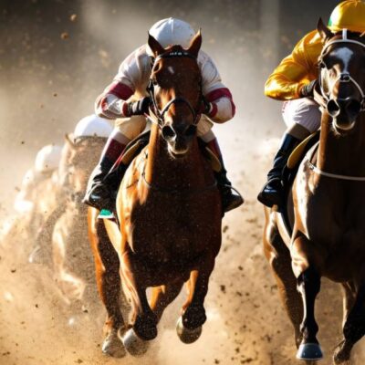 Jinetes en plena carrera de caballos