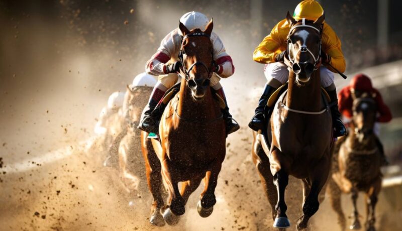 Jinetes en plena carrera de caballos