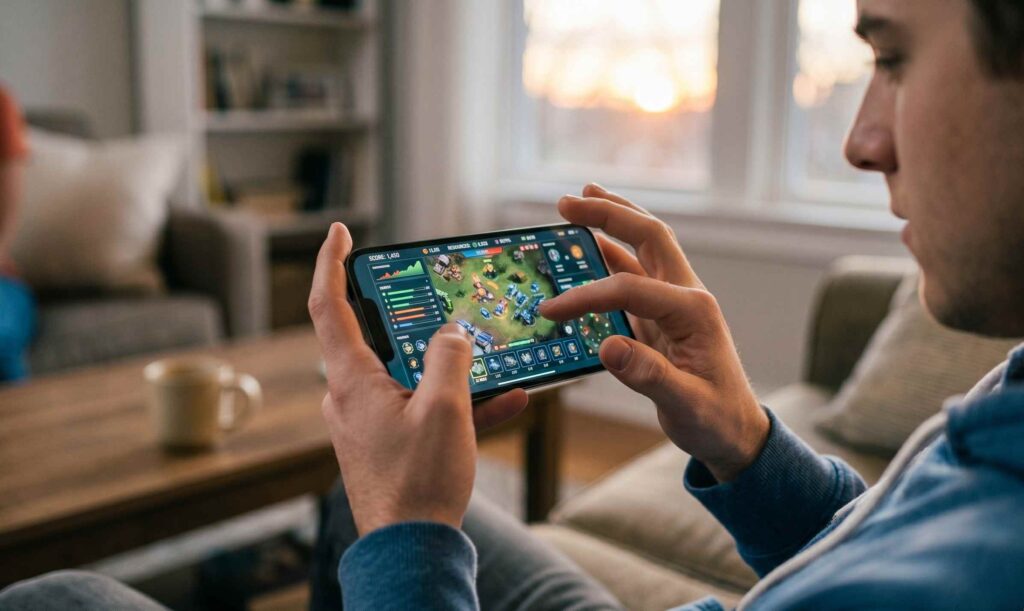 Joven en celular apuesta por juegos virtuales